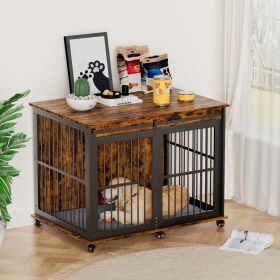 Furniture dog crate sliding iron door dog crate with mat. (Rustic Brown,43.7''W x 30''D x 33.7''H). (Color: as Pic)